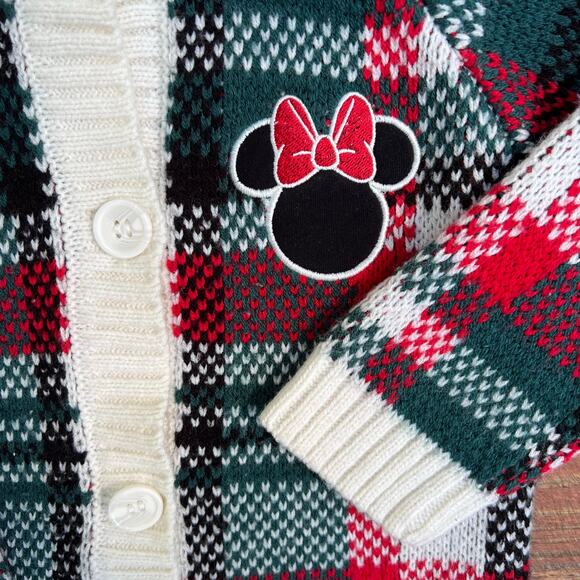 Disney Minnie Mouse Holiday Sweater 2T | Red Green Plaid Knit Christmas Cardigan - Picture 11 of 13
